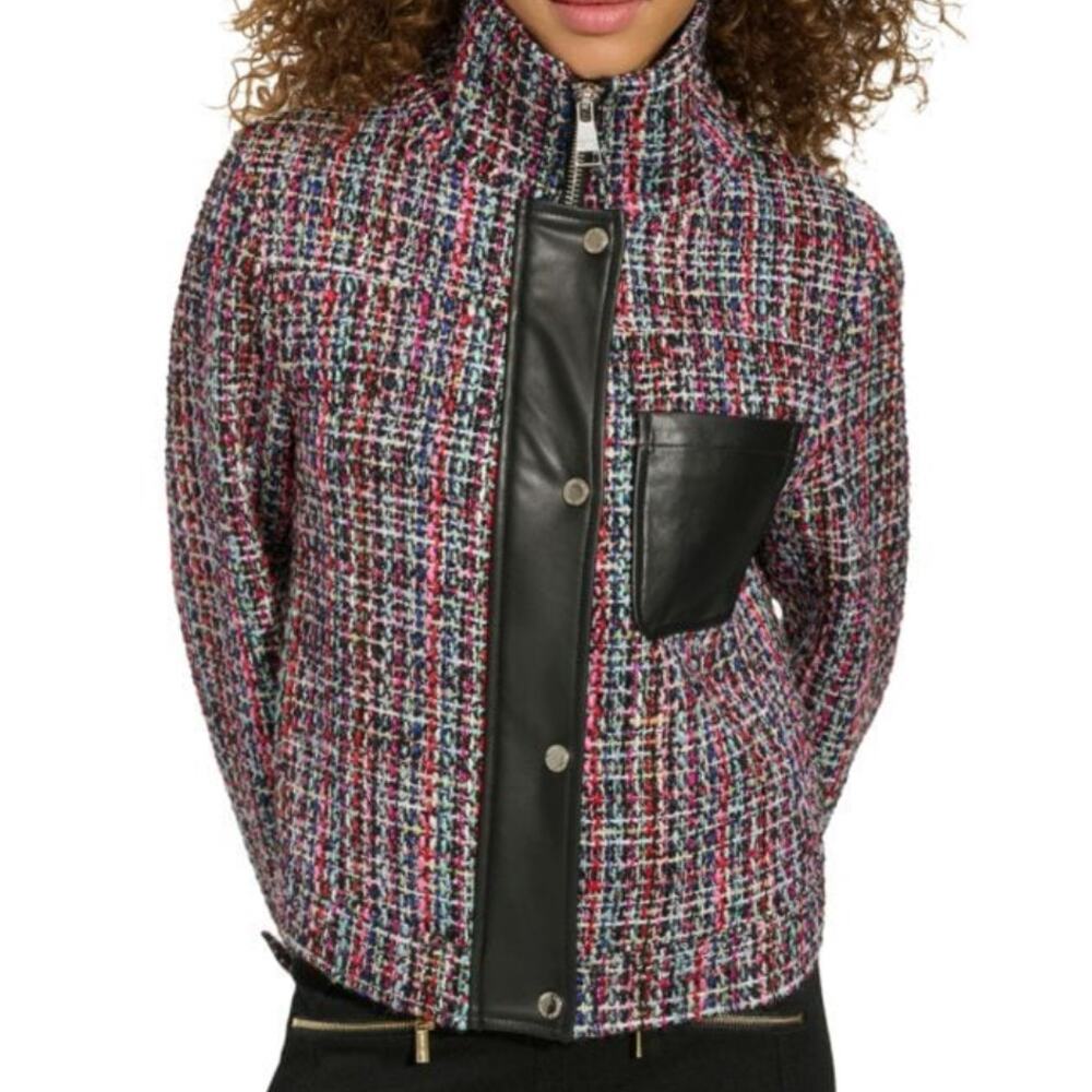 Karl Lagerfeld Tweed Faux Leather Moto Jacket